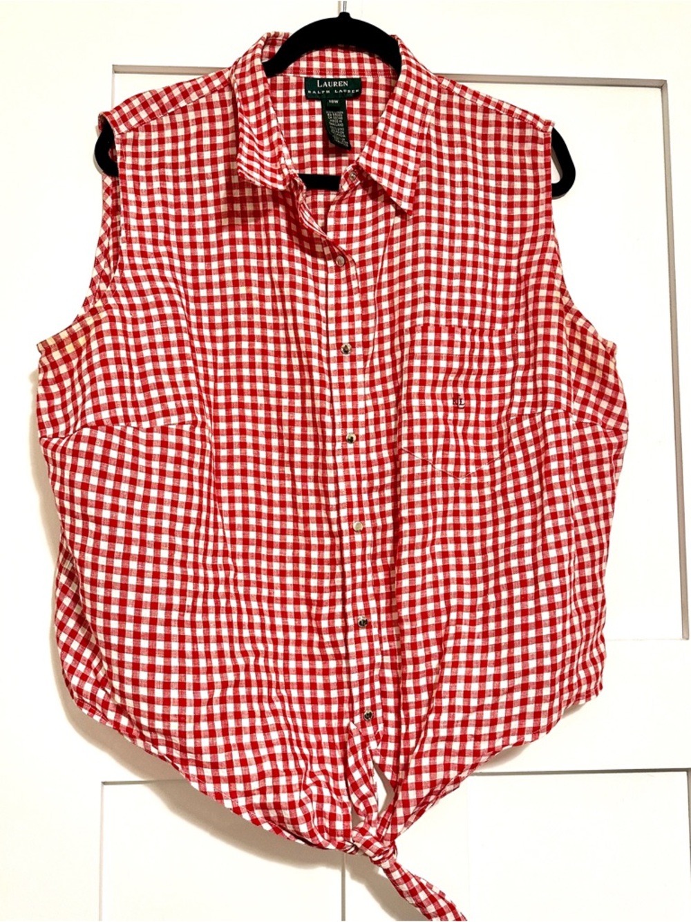 Lauren Ralph Lauren Red and White Gingham Sleeveless Button-Front Shirt • 18W